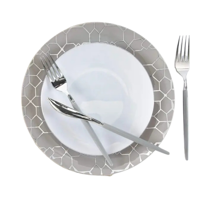 White Silver Rimmed Plastic Plates - 2 Sizes