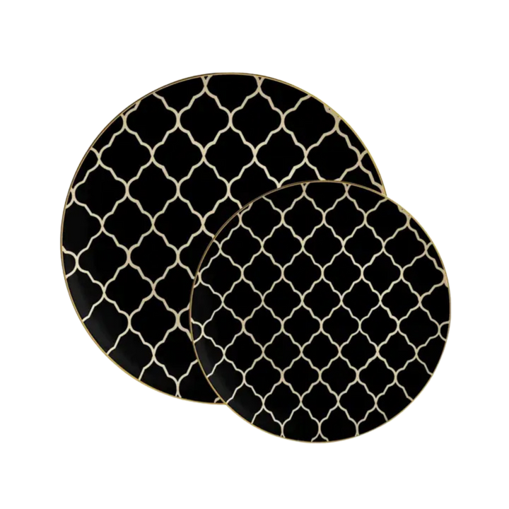 Black Lattice Pattern Gold Rimmed Plastic Plates - 2 Sizes