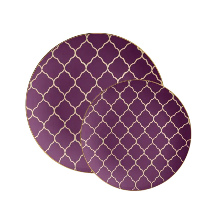 Purple Lattice Pattern Gold Rimmed Plastic Plates - 2 Sizes