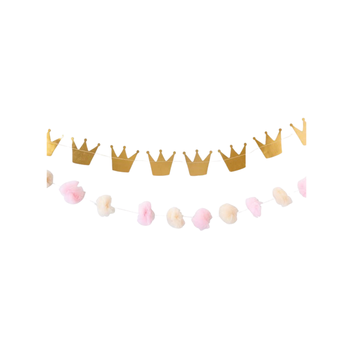 Pink and Gold Princess Crowns and Pom Pom Tulle Banner 