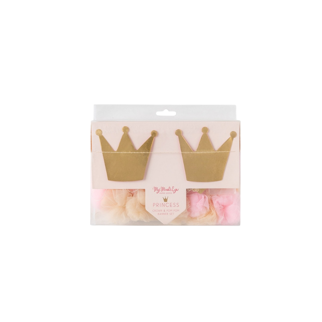 Pink and Gold Princess Crowns and Pom Pom Tulle Banner 