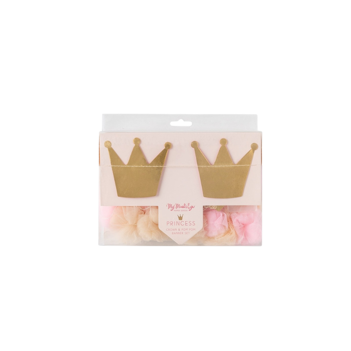 Pink and Gold Princess Crowns and Pom Pom Tulle Banner 