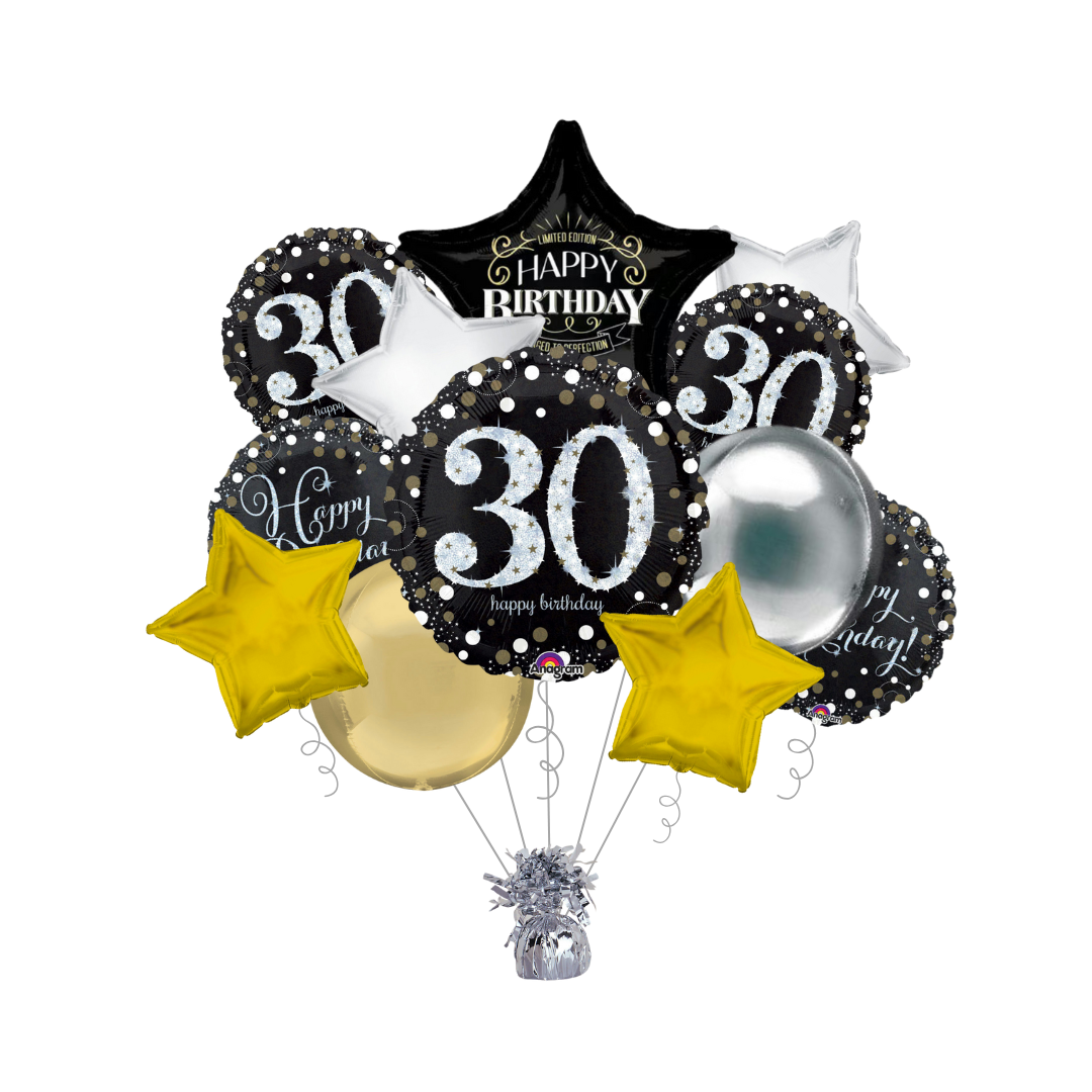 Premium Sparkling Celebration 30th Birthday Foil Balloon Bundle with Balloon Weight