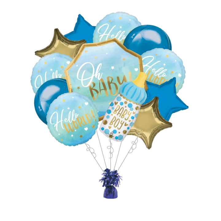 Premium Blue Baby Boy Baby Shower Foil Balloon Bundle with Balloon Weight