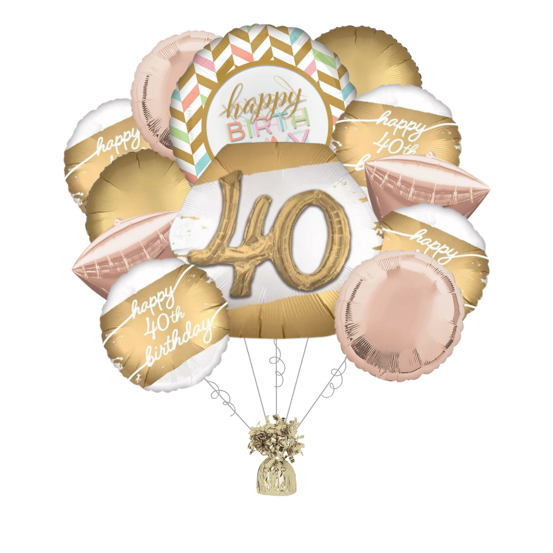 Premium Golden Age 40th Birthday Foil Balloon Bundle with Balloon Weight