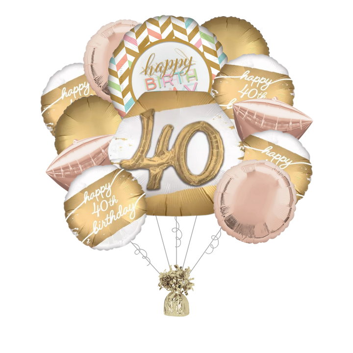 Premium Golden Age 40th Birthday Foil Balloon Bundle with Balloon Weight