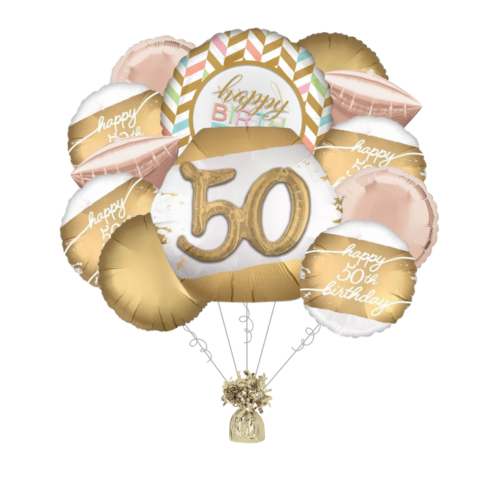 Premium Golden Age 50th Birthday Foil Balloon Bundle with Balloon Weight