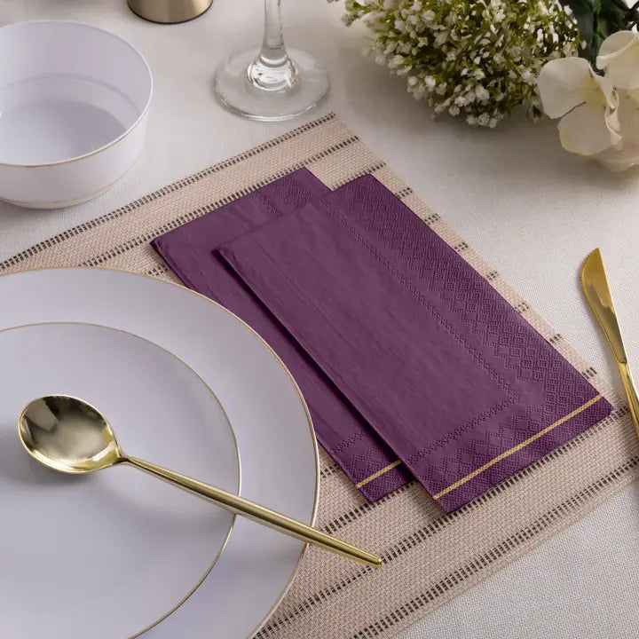 Purple with Gold Stripe Guest Paper Napkins