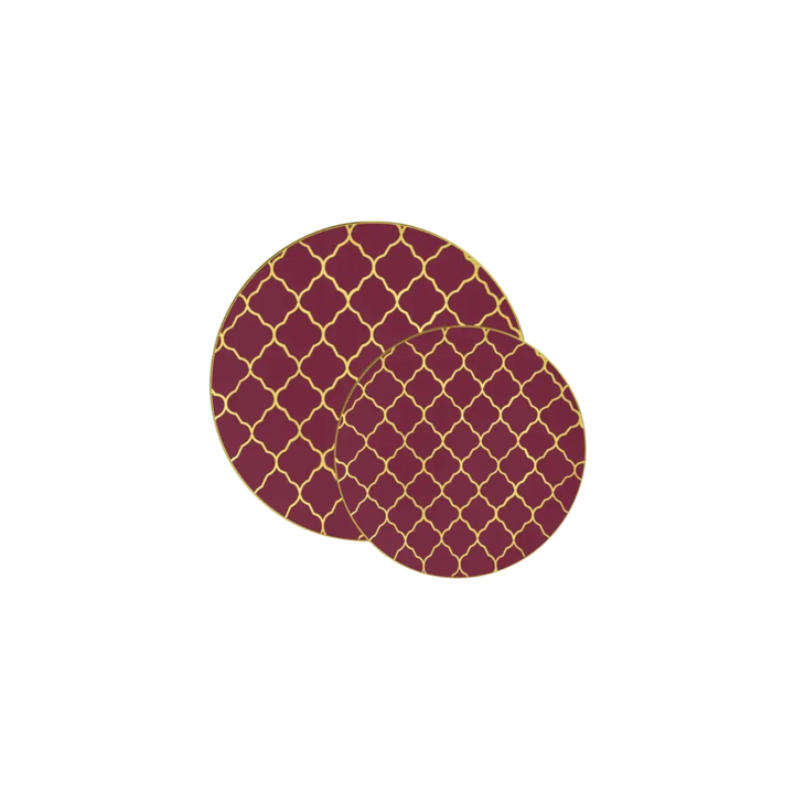 Cranberry Lattice Pattern Gold Rimmed Plastic Plates - 2 Sizes