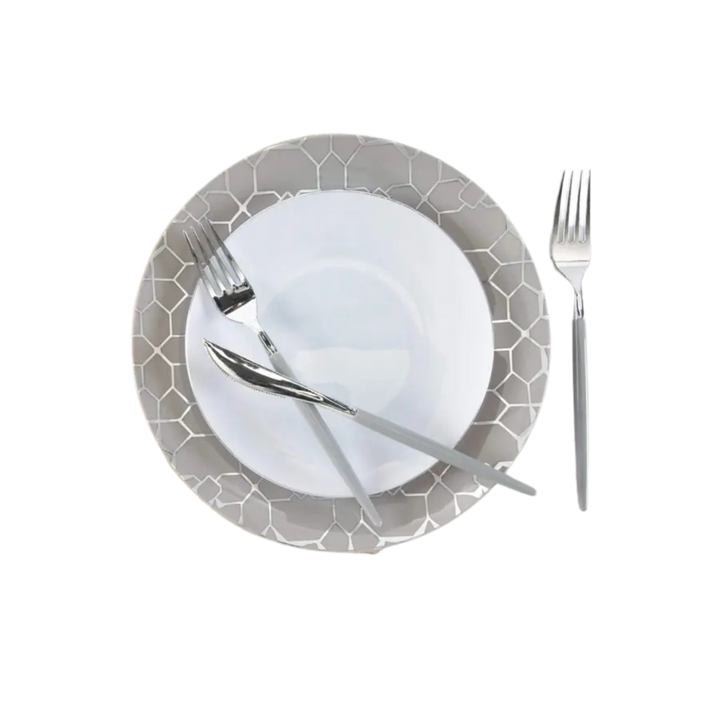 White Silver Rimmed Plastic Plates - 2 Sizes