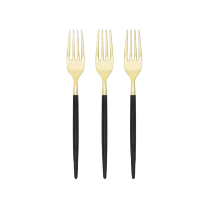 Black and Gold Chic Round Plastic Forks - 32 pcs