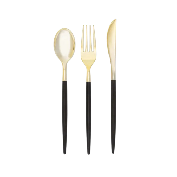 Black and Gold Plastic Cutlery Set - 32 pcs