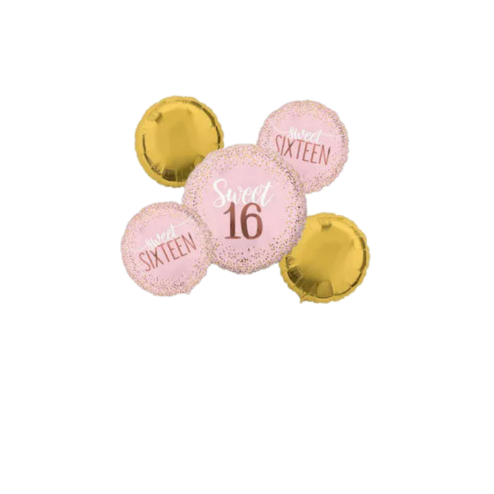 Blush Pink & Gold Sweet 16 Birthday Foil Balloon Bouquet,