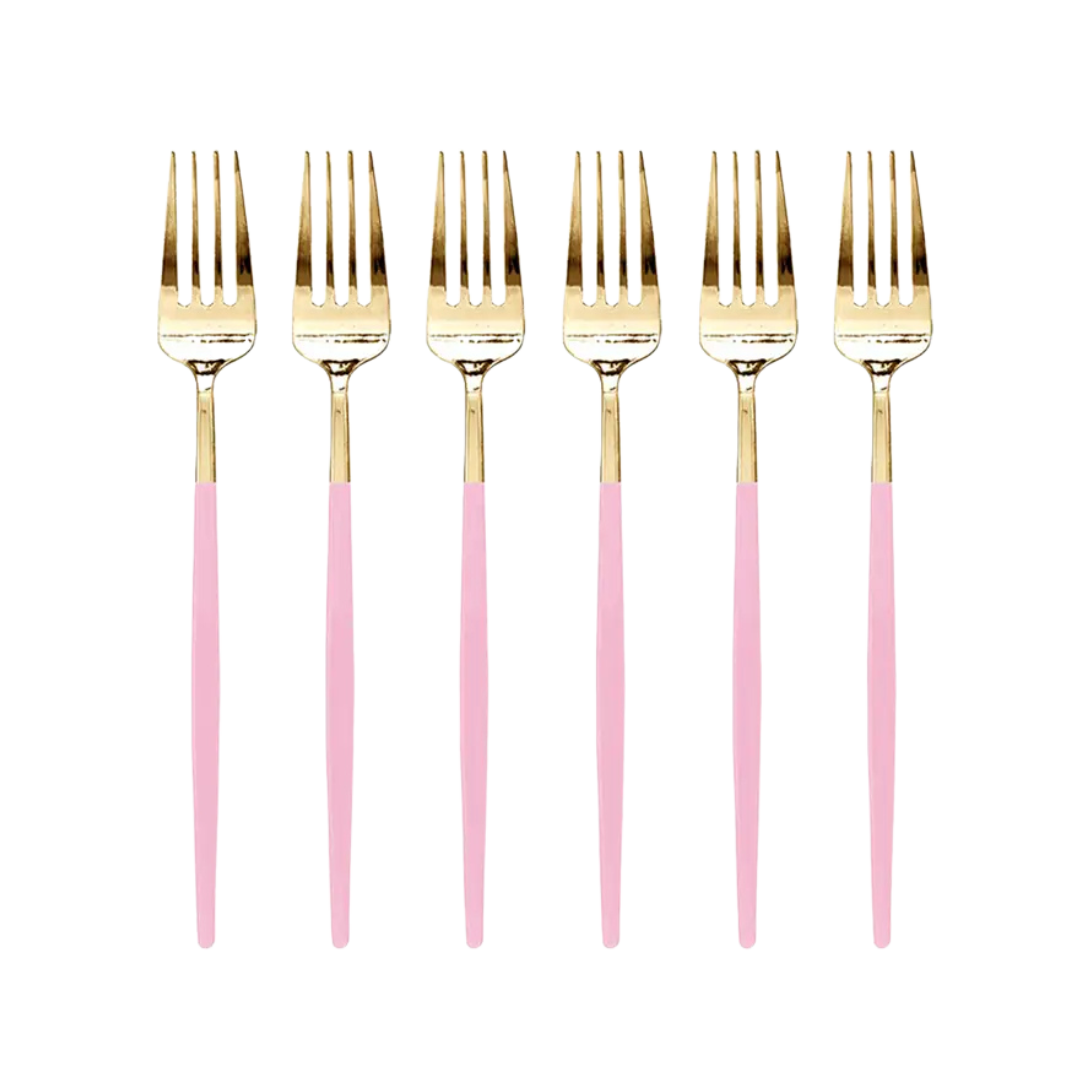 Gold with Pink Handle Moderno Forks - 12 pcs