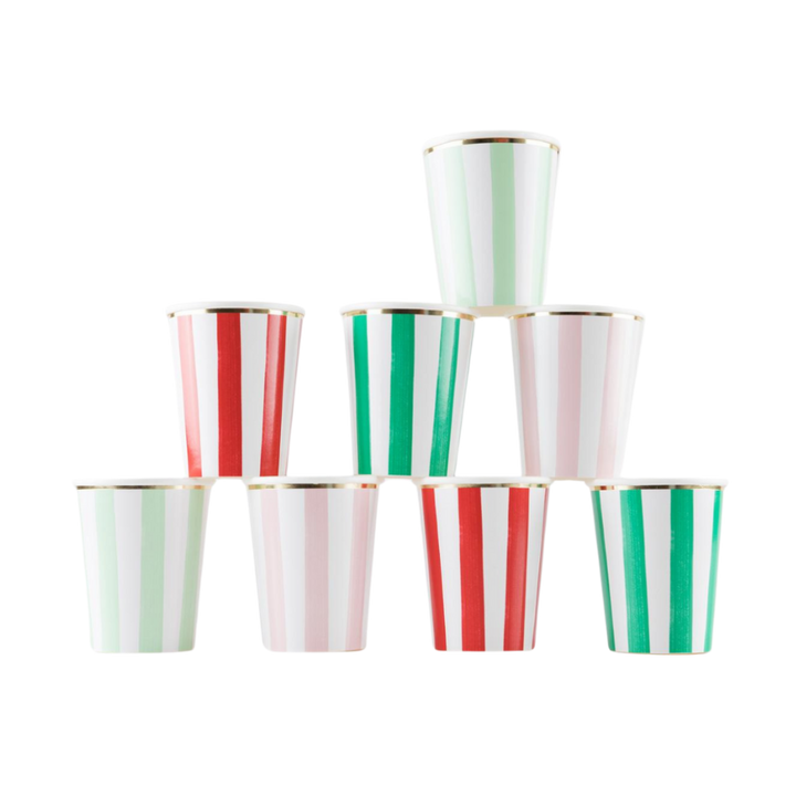 White Red and Green Stripe Christmas Festive Cups