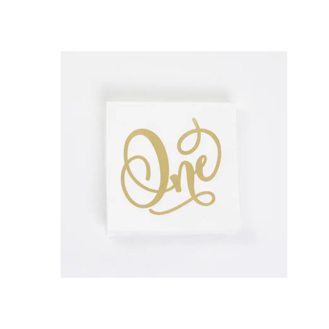 White and Gold "One" Cocktail Napkins