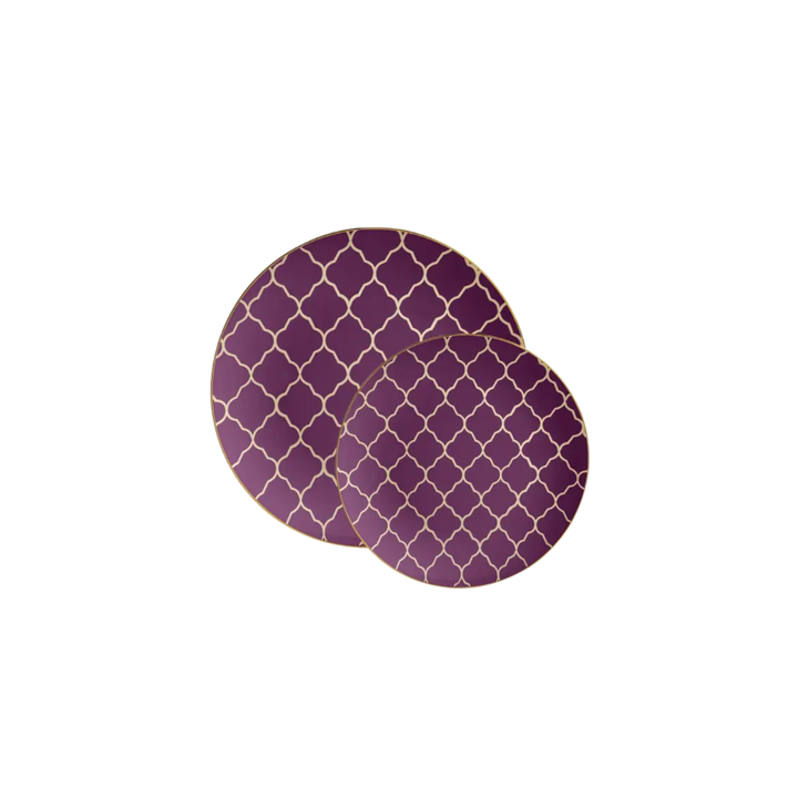 Purple Lattice Pattern Gold Rimmed Plastic Plates - 2 Sizes