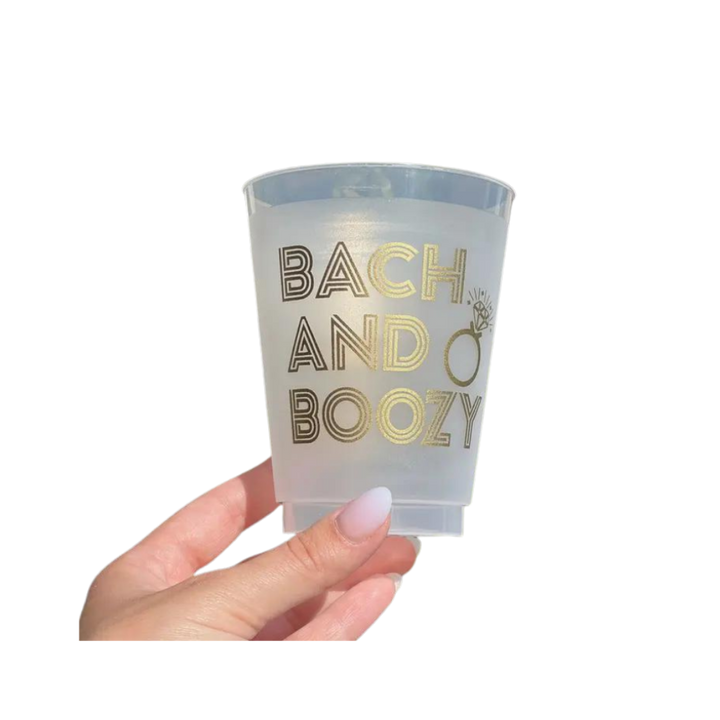 Clear and Gold "Bach and Boozy" Frosted Plastic Cups