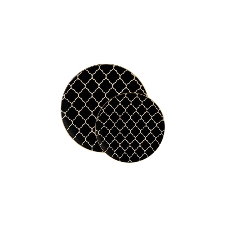 Black Lattice Pattern Gold Rimmed Plastic Plates - 2 Sizes