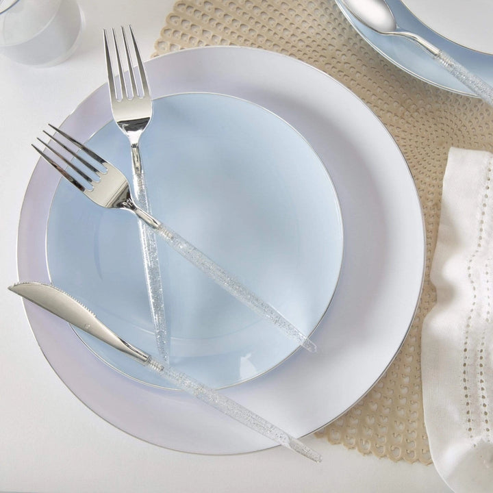 Ice Blue Silver Rimmed Plastic Plates - 2 Sizes