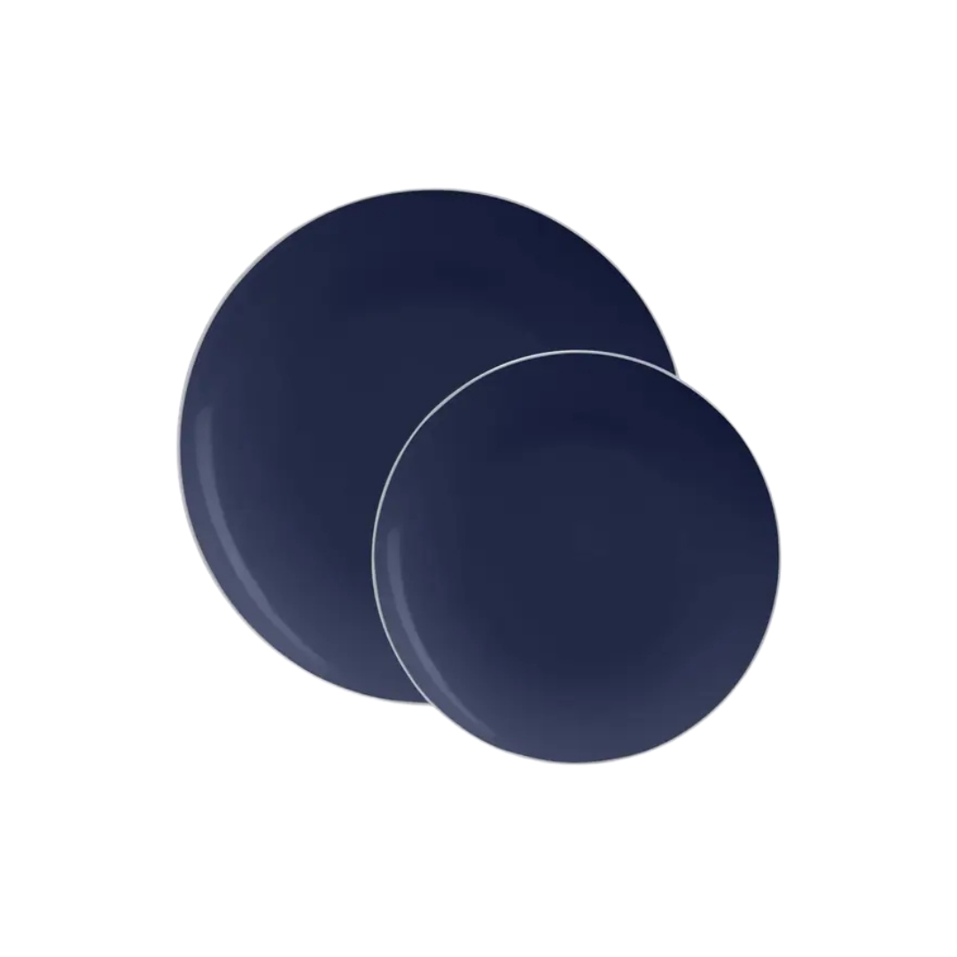 Navy Silver Rimmed Plastic Plates - 2 Sizes