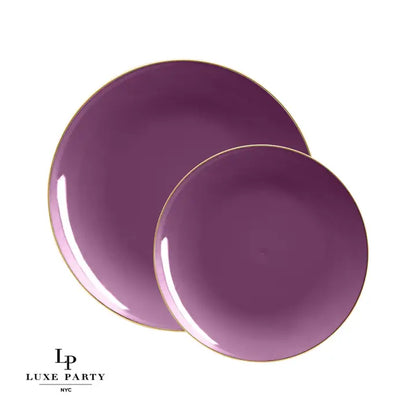 Round Purple • Gold Plastic Plates | 10 Pack (10.25 Dinner Plates)