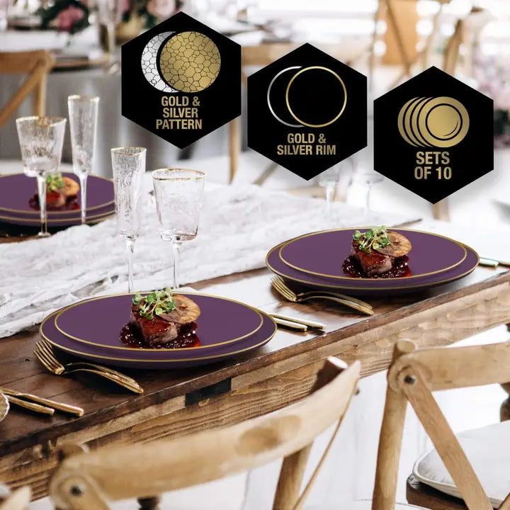 Round Purple • Gold Plastic Plates | 10 Pack (7.25 Appetizer Plates)