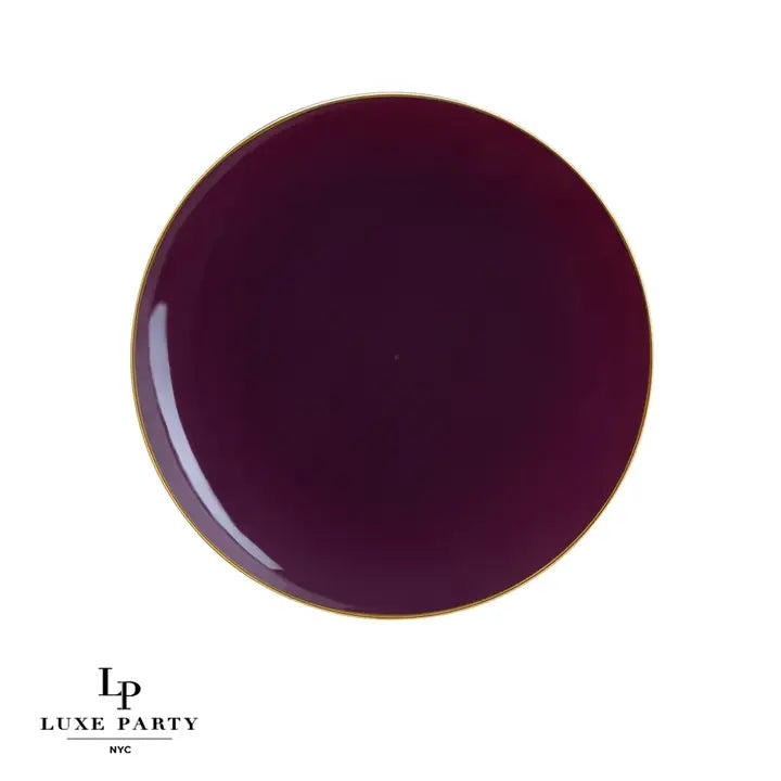 Round Purple • Gold Plastic Plates | 10 Pack (7.25 Appetizer Plates)