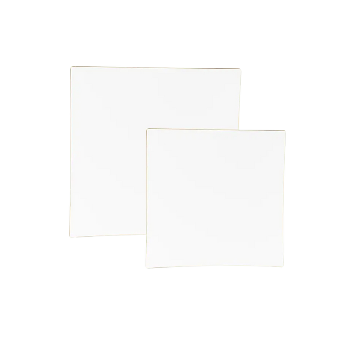 White Square Coupe Gold Rimmed Plastic Plates - 2 Sizes