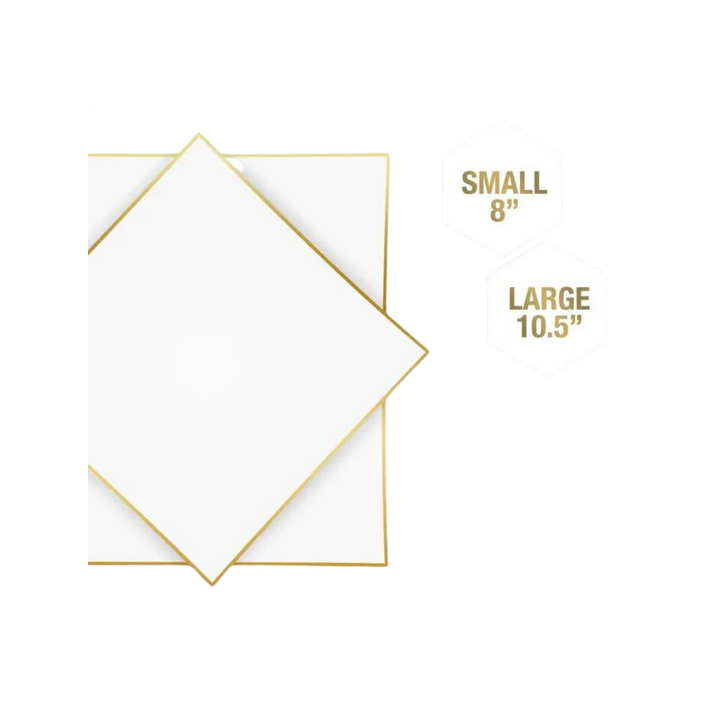 White Square Coupe Gold Rimmed Plastic Plates - 2 Sizes