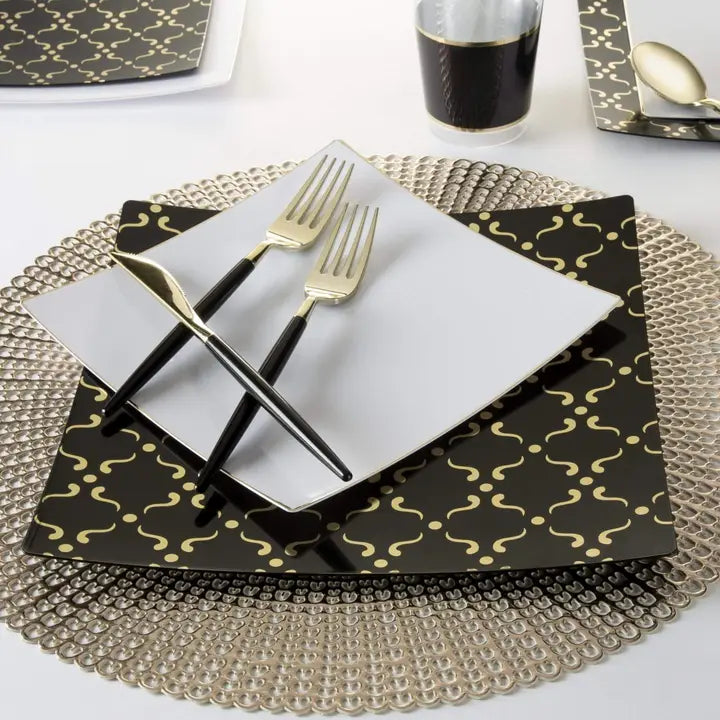 White Square Coupe Gold Rimmed Plastic Plates - 2 Sizes