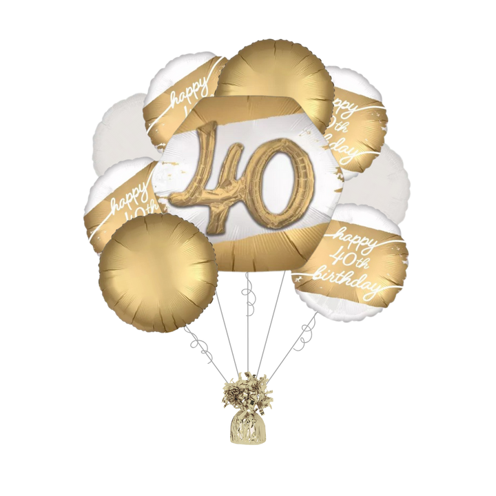 Premium Golden Age 40th Birthday Foil Balloon Bundle with Balloon Weight