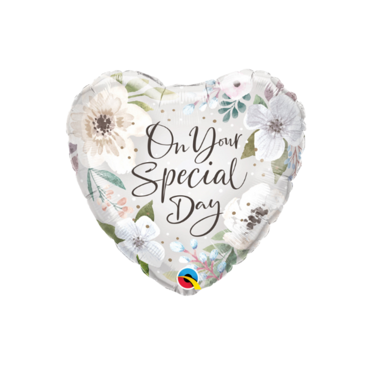 White Floral "On Your Special Day" Heart Foil Balloon, 18in