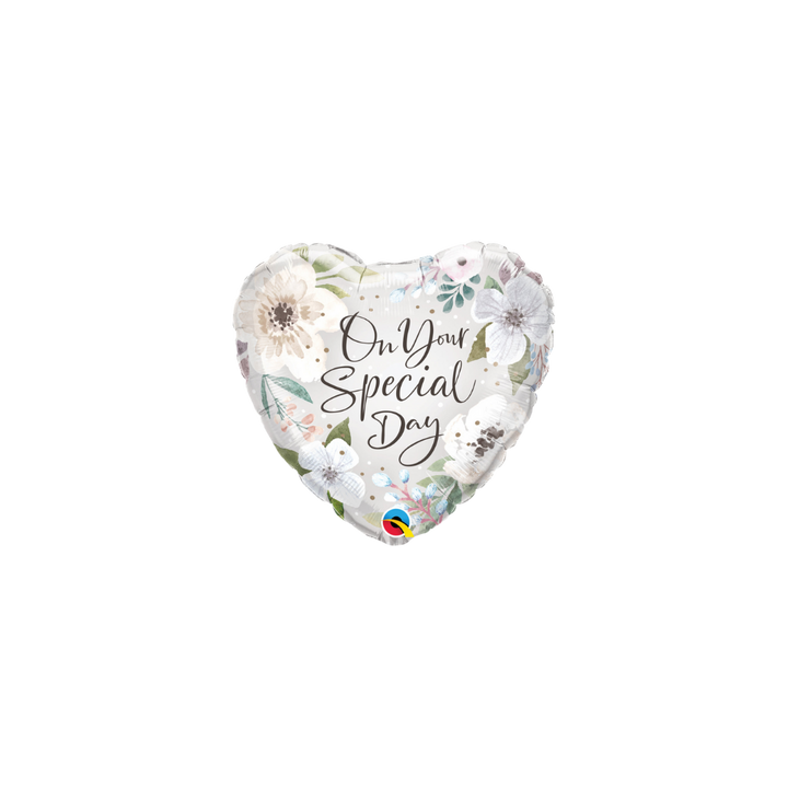 White Floral "On Your Special Day" Heart Foil Balloon, 18in