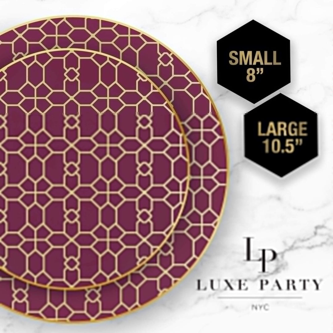 Cranberry Lattice Pattern Gold Rimmed Plastic Plates - 2 Sizes