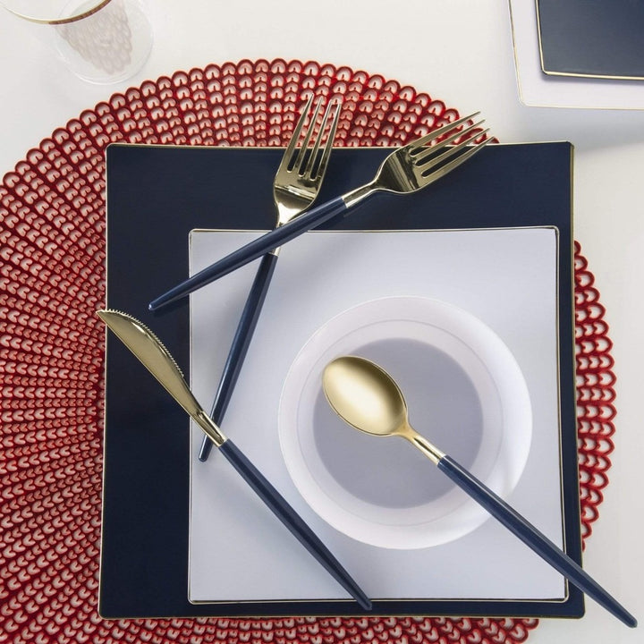 Navy Square Coupe Gold Rimmed Plastic Plates - 2 Sizes