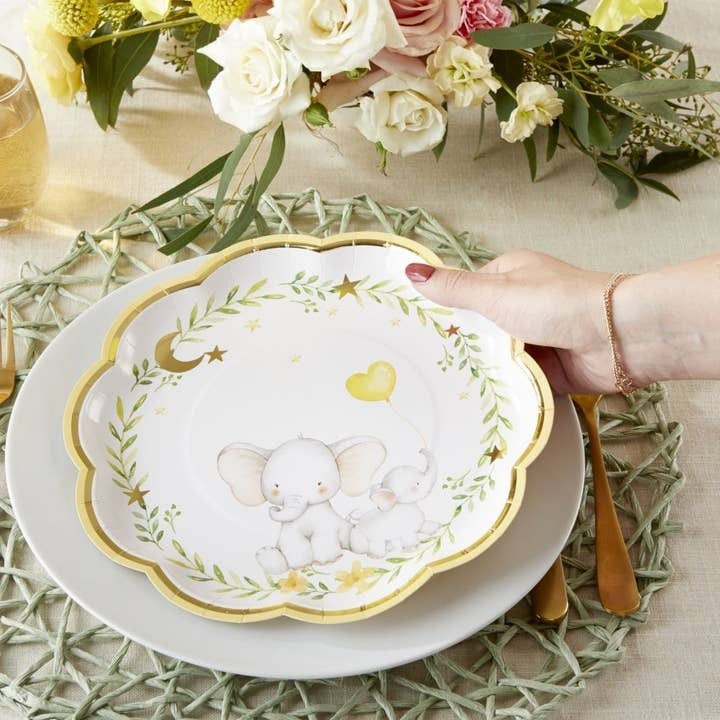 White and Yellow Elephant Baby Shower Scalloped Large Dinner Plates