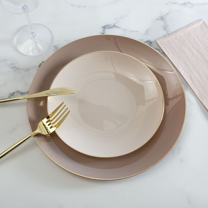 Taupe Gold Rimmed Plastic Plates - 2 Sizes