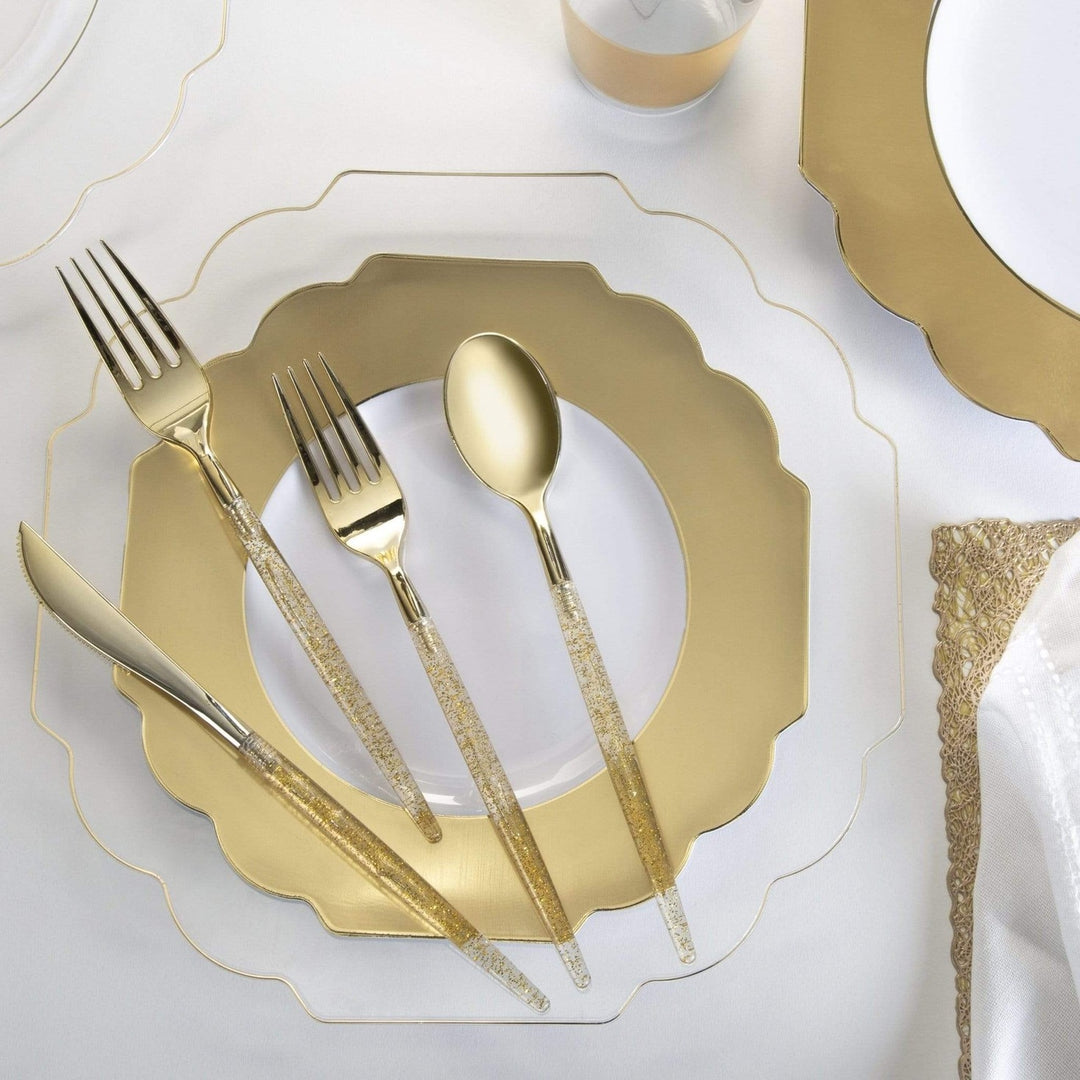 Clear Scalloped Gold Rimmed Plastic Plates - 2 Sizes