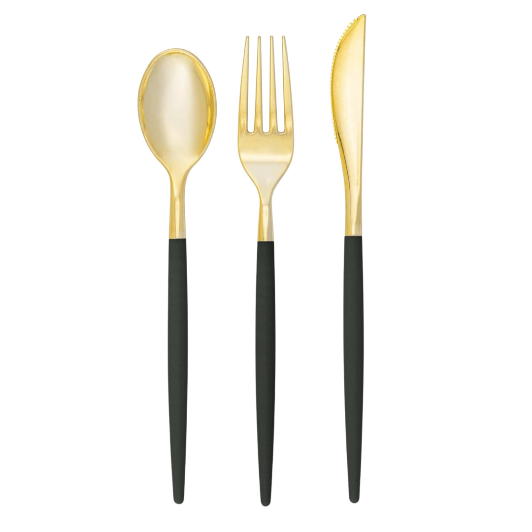 Emerald and Gold Plastic Cutlery Set - 32 pcs