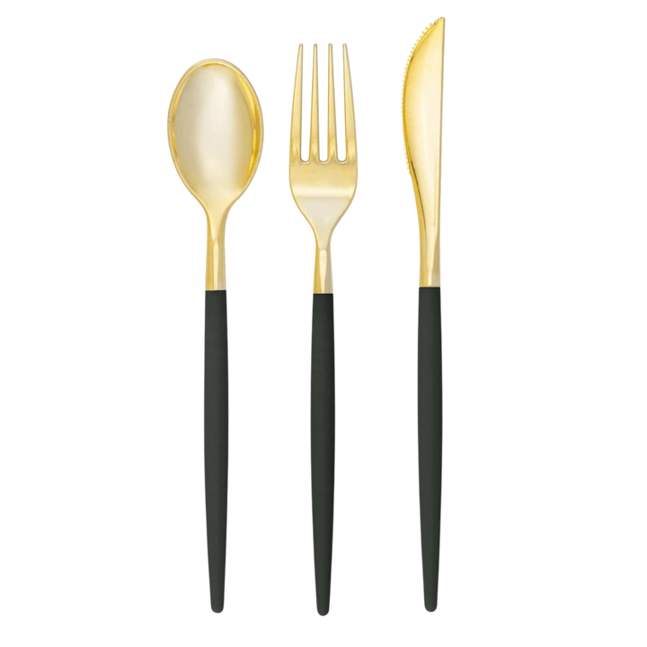 Emerald and Gold Plastic Cutlery Set - 32 pcs