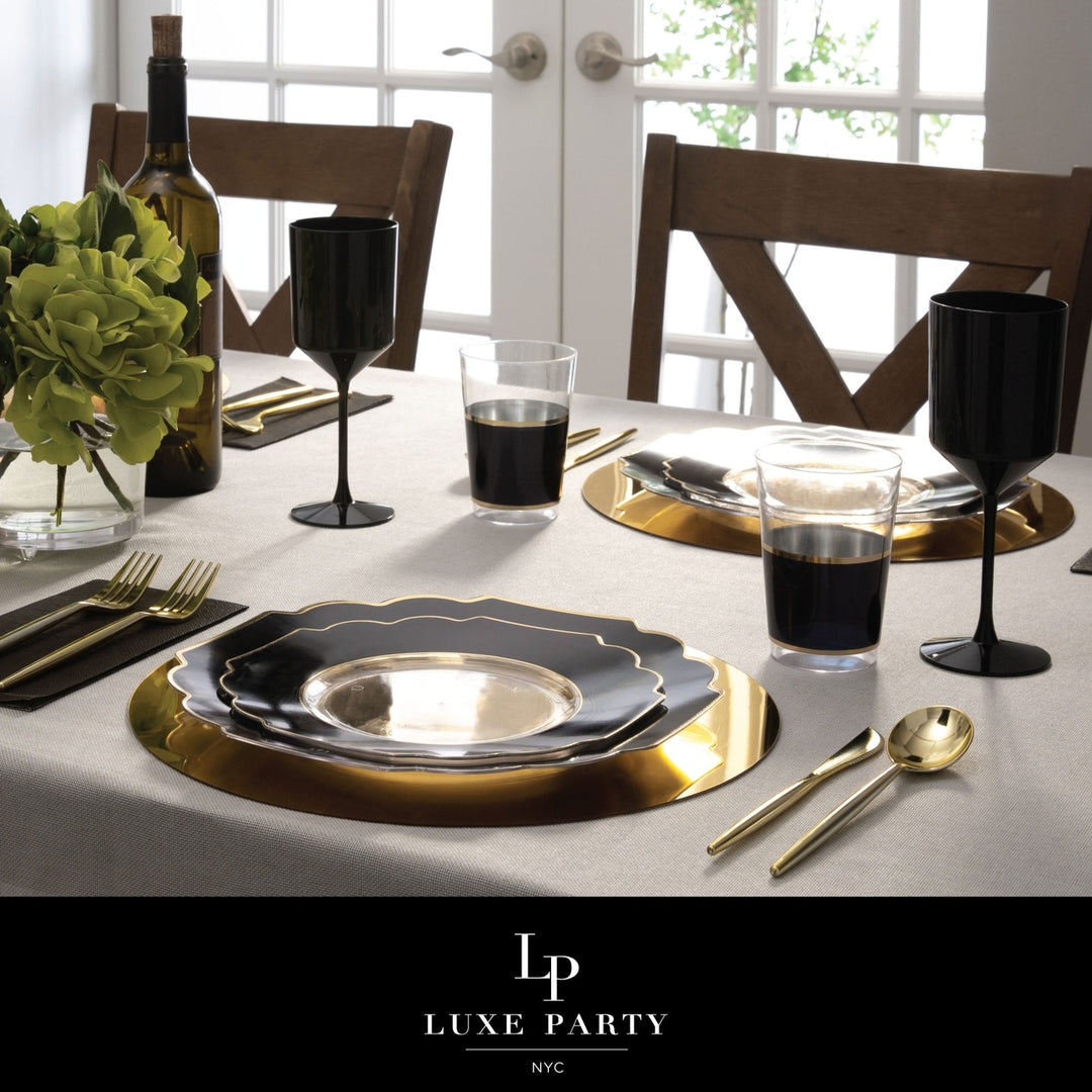 Clear Black Scalloped Gold Rimmed Plastic Plates - 2 Sizes