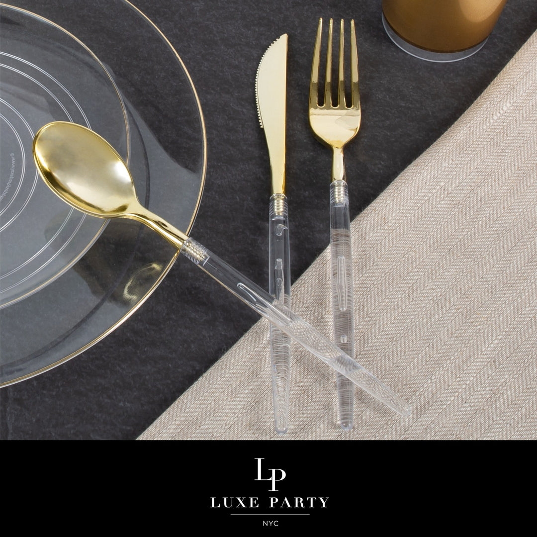 Chic Round Clear and Gold Forks - 32 pcs