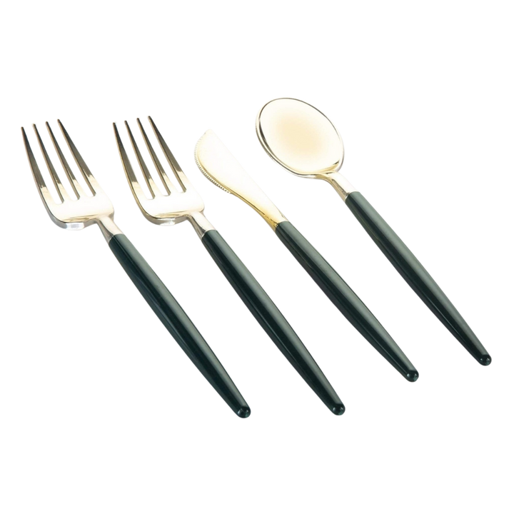 Emerald and Gold Plastic Cutlery Set - 32 pcs