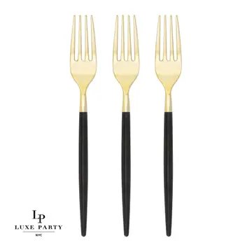 Chic Round Black and Gold Forks - (32pk)